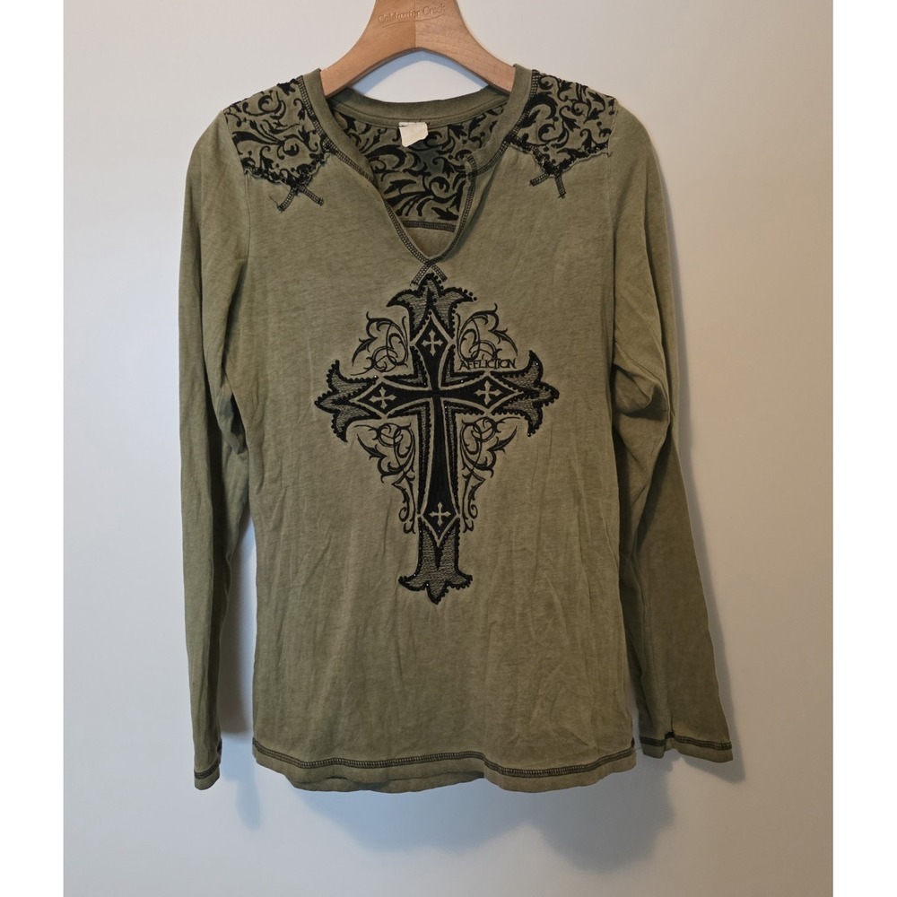 Affliction Long Sleeve Shirt Green Cross Cyber Grunge Vintage Y2K Womens Large - Picture 2 of 12